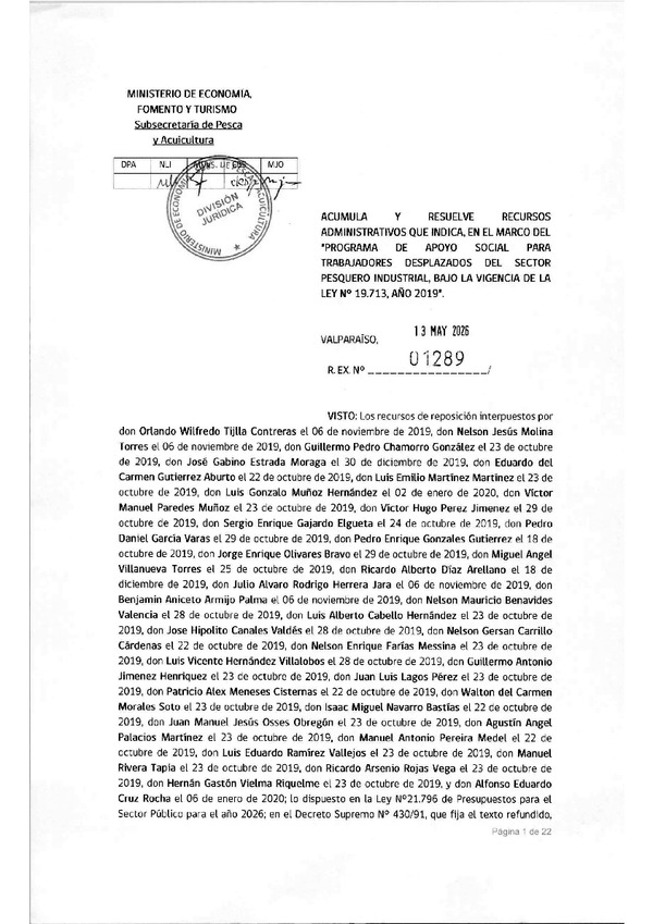 Res. Ex. N° 1289-2026 Aprueba y resuelve recursos administrativos que indica, en el marco del programa de apoyo social que señala, año 2019. (Publicado en Página Web 13-05-2026)