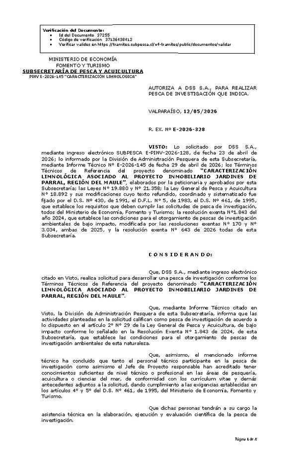 R. EX. Nº E-2026-330 AUTORIZA LABORATORIO A COMERCIALIZADORA Y ECOGESTION AMBIENTAL LIMITADA PARA REALIZAR PESCA DE INVESTIGACIÓN QUE INDICA. (Publicado en Página Web 18-05-2026)