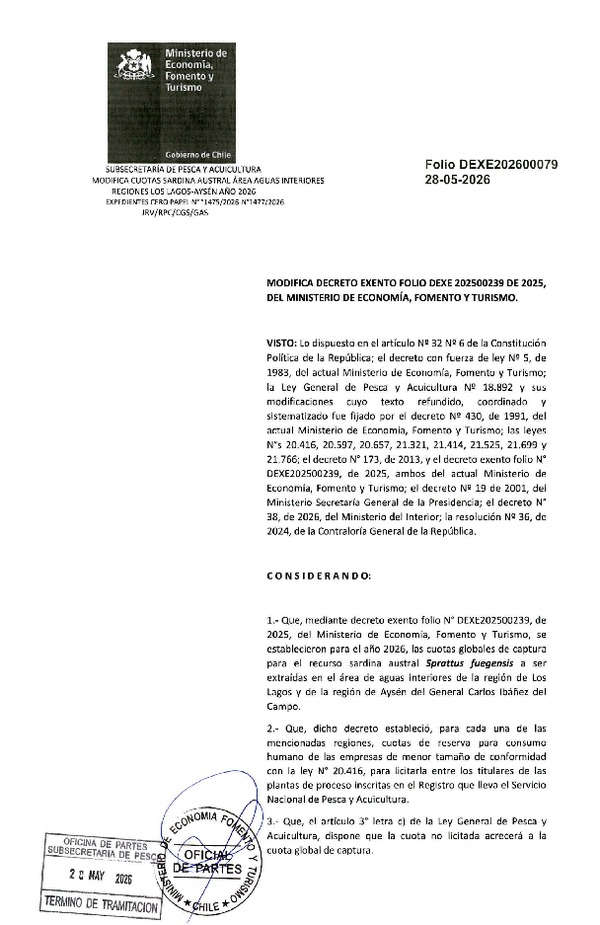 Dec. Ex. Folio 202600079 Modifica Dec. Ex. Folio 202500239 Establece Cuotas Globales de Captura para Sardina Austral, en el Área de Aguas Interiores Regiones de Los Lagos y Aysén, Año 2026. (Publicado en Página Web 28-05-2026)
