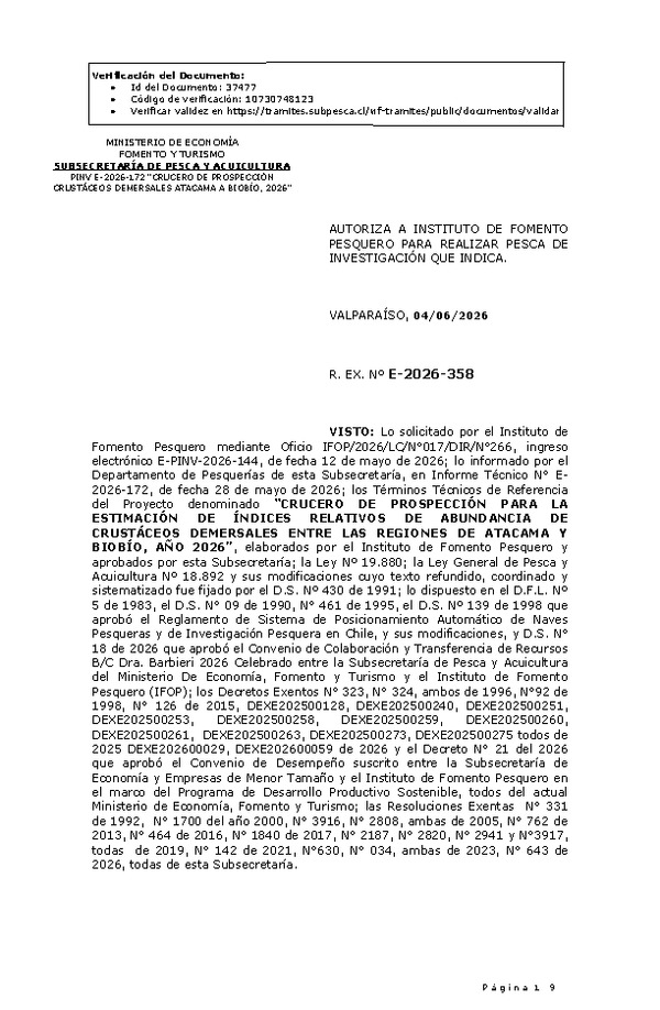 R. EX. Nº E-2026-358 AUTORIZA A INSTITUTO DE FOMENTO PESQUERO PARA REALIZAR PESCA DE INVESTIGACIÓN QUE INDICA. (Publicado en Página Web 04-06-2026)