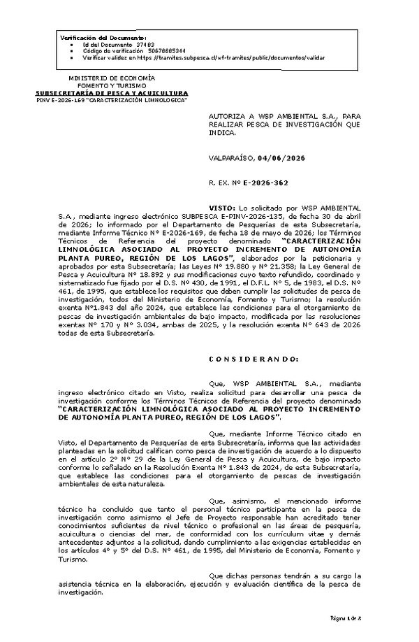 R. EX. Nº E-2026-362 AUTORIZA A WSP AMBIENTAL S.A., PARA REALIZAR PESCA DE INVESTIGACIÓN QUE INDICA. (Publicado en Página Web 05-06-2026)