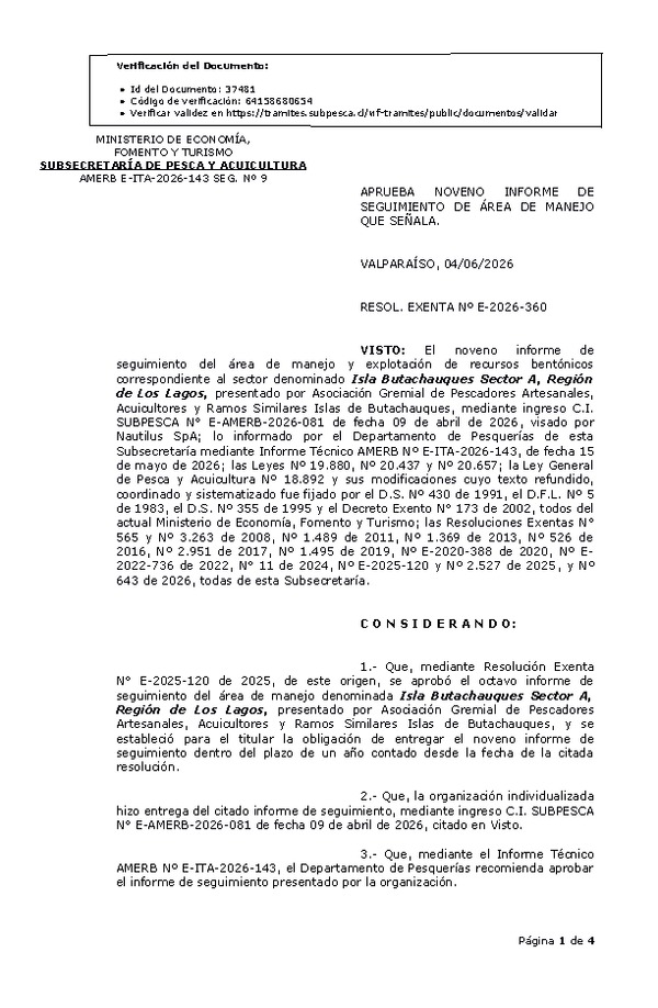 RESOL. EXENTA Nº E-2026-360 Aprueba noveno informe de seguimiento. (Publicado en Página Web 05-06-2026)