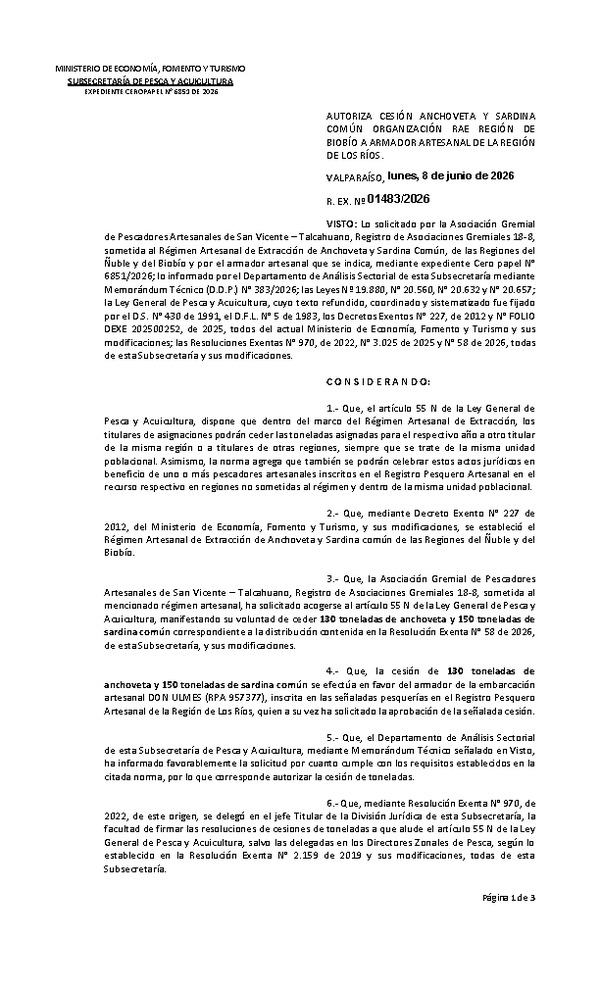 Res. Ex. N° 1482-2026 Autoriza explotación exclusiva en playa de mar en área de manejo que señala y modifica resoluciones exentas que indica. (Publicado en Página Web 09-06-2026).
