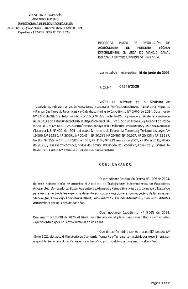 Res. Ex. N° 1519-2026, Prórroga plazo de Resolución de Acuicultura de Pequeña Escala Experimental en Área de Manejo Canal Dalcahue Sector B, Región de Los Lagos. (Publicado en Página Web 10-06-2026)