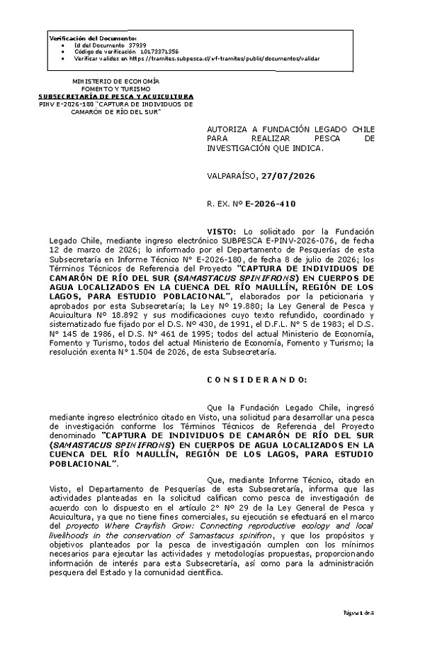 R. EX. Nº E-2026-410 AUTORIZA A FUNDACIÓN LEGADO CHILE PARA  REALIZAR  PESCA  INVESTIGACIÓN QUE INDICA. (Publicado en Página Web 27-07-2026)