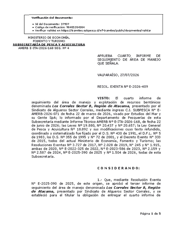 RESOL. EXENTA Nº E-2026-409 Aprueba décimo cuarto informe de seguimiento. (Publicado en Página Web 28-07-2026)