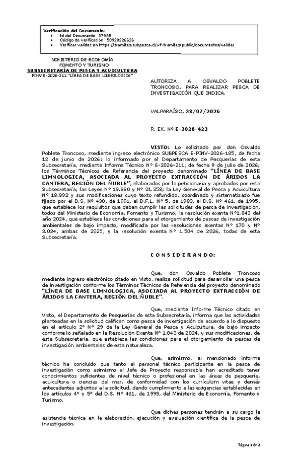 R. EX. Nº E-2026-422 AUTORIZA  A  OSVALDO  POBLETE TRONCOSO, PARA REALIZAR PESCA DE INVESTIGACIÓN QUE INDICA. (Publicado en Página Web 28-07-2026)
