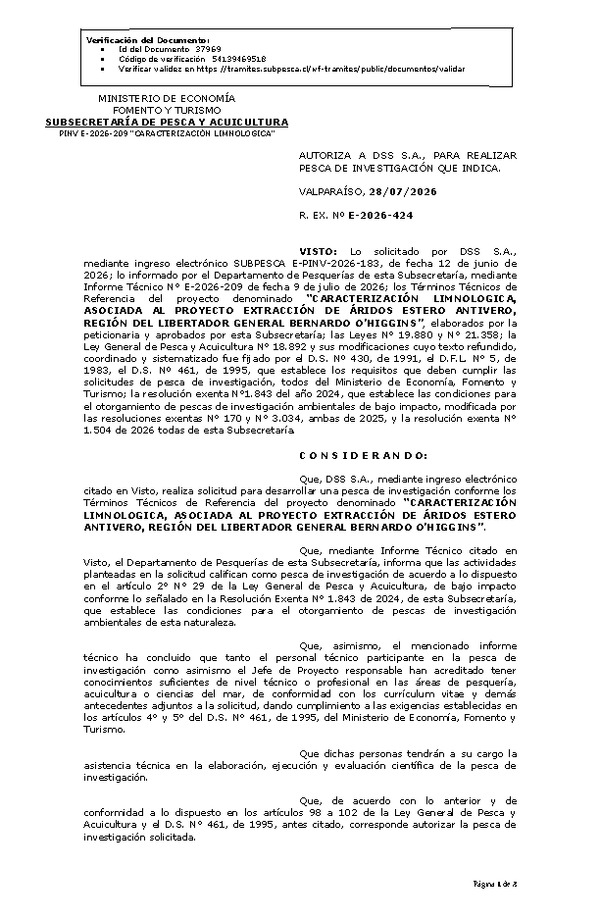 R. EX. Nº E-2026-424 AUTORIZA A DSS S.A., PARA REALIZAR PESCA DE INVESTIGACIÓN QUE INDICA. (Publicado en Página Web 28-07-2026)
