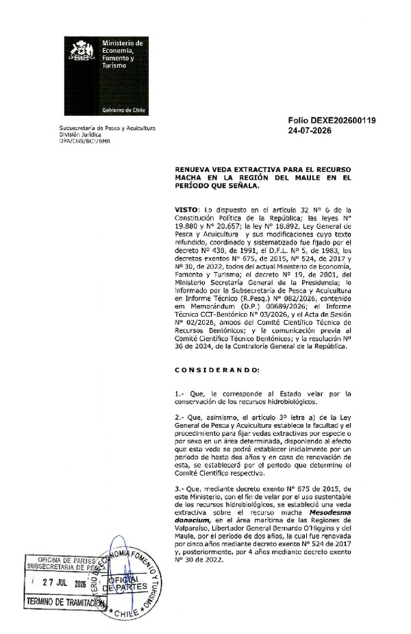 Dec. Ex. Folio N° 202600119 Renueva Veda Extractiva para el Recurso Macha en la Región del Maule, en el Período que Señala. (Publicado en Página Web 03-08-2026)
