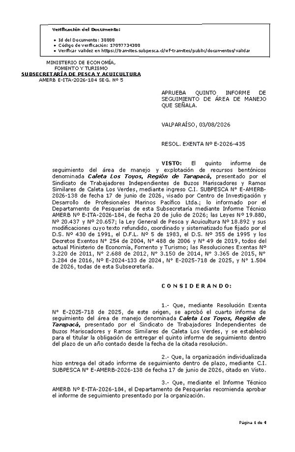 RESOL. EXENTA Nº E-2026-435 Aprueba quinto informe de seguimiento. (Publicado en Página Web 04-08-2026)
