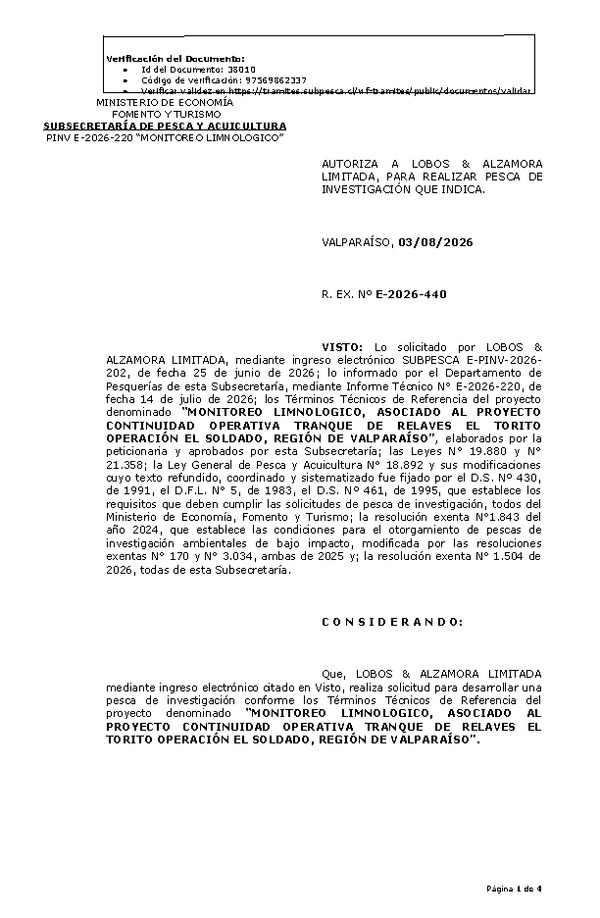 R. EX. Nº E-2026-440 AUTORIZA A LOBOS & ALZAMORA LIMITADA, PARA REALIZAR PESCA DE INVESTIGACIÓN QUE INDICA. (Publicado en Página Web 04-08-2026)