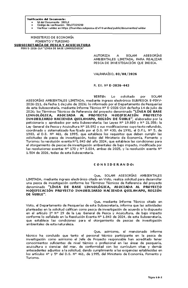 R. EX. Nº E-2026-442 AUTORIZA A SOLAM ASESORÍAS AMBIENTALES LIMITADA, PARA REALIZAR PESCA DE INVESTIGACIÓN QUE INDICA. (Publicado en Página Web 04-08-2026)