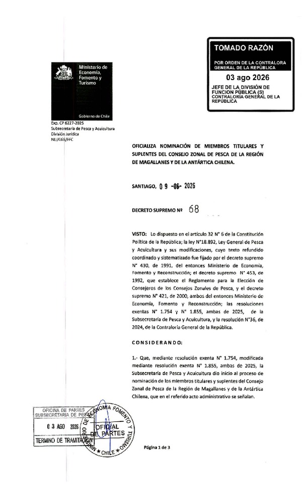 D.S. N° 68-2026 Oficializa Nominación de Integrantes Titulares y Suplentes del Consejo Zonal de Pesca de la Región de Magallanes y de la Antártica Chilena. (F.D.O. 07-08-2026)