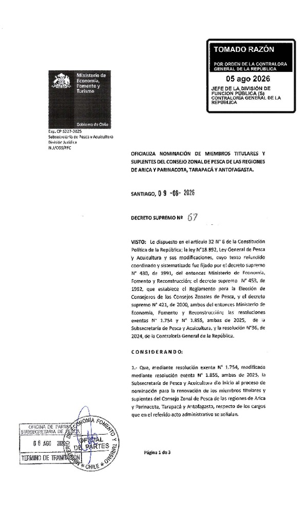 D.S. 67-2026 Oficializa Nominación de Miembros Titulares y Suplentes del Consejo Zonal de Pesca de las Regiones de Arica y Parinacota, Tarapacá y Antofagasta. (Publicado en Página Web 13-08-2026) (F.D.O. 13-08-2026)