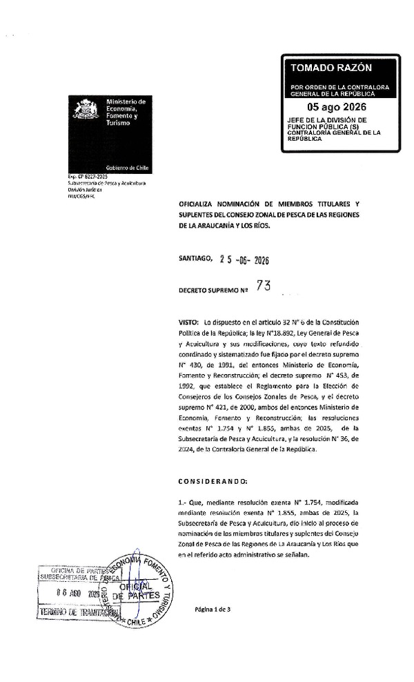 D.S. N° 73-2026 Oficializa Nominación de Miembros Titulares y Suplentes del Consejo Zonal de Pesca de las Regiones de La Araucanía y Los Ríos. (Publicado en Página Web 13-08-2026) (F.D.O. 13-08-2026)