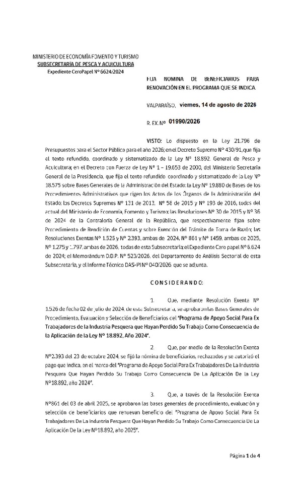 Res. Ex. N° 1990-2026 Fija Nómina de Beneficiarios Para Renovación en el Programas que se Indica. (Publicado en Página Web 14-08-2026)