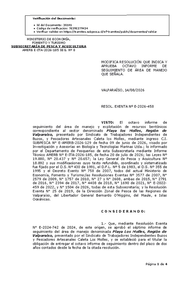 RESOL. EXENTA Nº E-2026-458 Modifica resolución que indica, aprueba octavo informe de seguimiento. (Publicado en Página Web 17-08-2026)