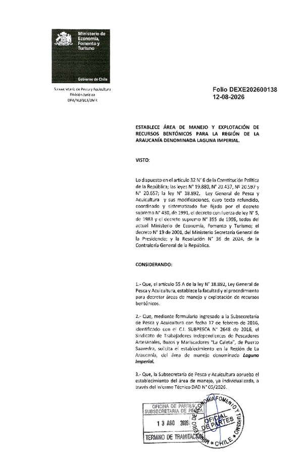 Dec. Ex. Folio 202500138 Establece Área de Manejo y Explotación de Recursos Bentónicos para la Región de La Araucanía Denominada Laguna Imperial. (Publicado en Página Web 17-08-2026)