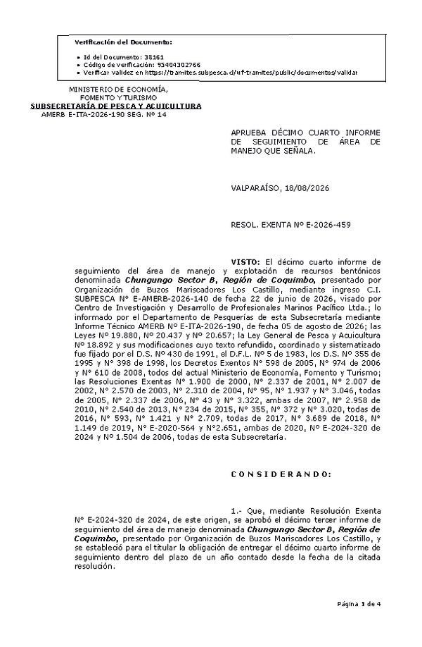 RESOL. EXENTA Nº E-2026-459 Aprueba décimo cuarto informe de seguimiento. (Publicado en Página Web 18-08-2026)