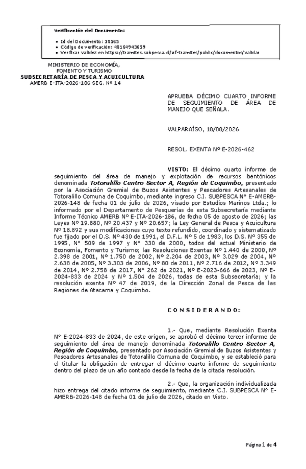 RESOL. EXENTA Nº E-2026-462 Aprueba décimo cuarto informe de seguimiento. (Publicado en Página Web 18-08-2026)