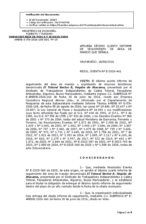 RESOL. EXENTA Nº E-2026-461 Aprueba décimo quinto informe de seguimiento. (Publicado en Página Web 19-08-2026)