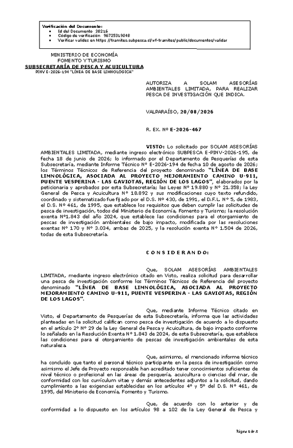 R. EX. Nº E-2026-467 AUTORIZA A SOLAM ASESORÍAS AMBIENTALES LIMITADA, PARA REALIZAR PESCA DE INVESTIGACIÓN QUE INDICA. (Publicado en Página Web 20-08-2026)