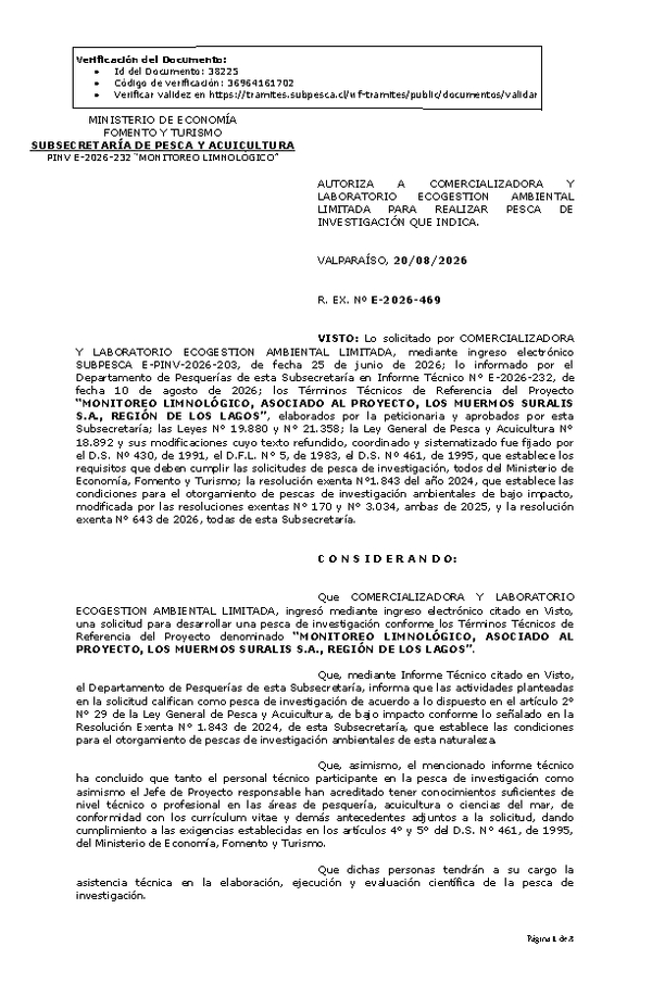 R. EX. Nº E-2026-469 AUTORIZA LABORATORIO A COMERCIALIZADORA Y ECOGESTION AMBIENTAL LIMITADA PARA REALIZAR PESCA DE INVESTIGACIÓN QUE INDICA. (Publicado en Página Web 20-08-2026)