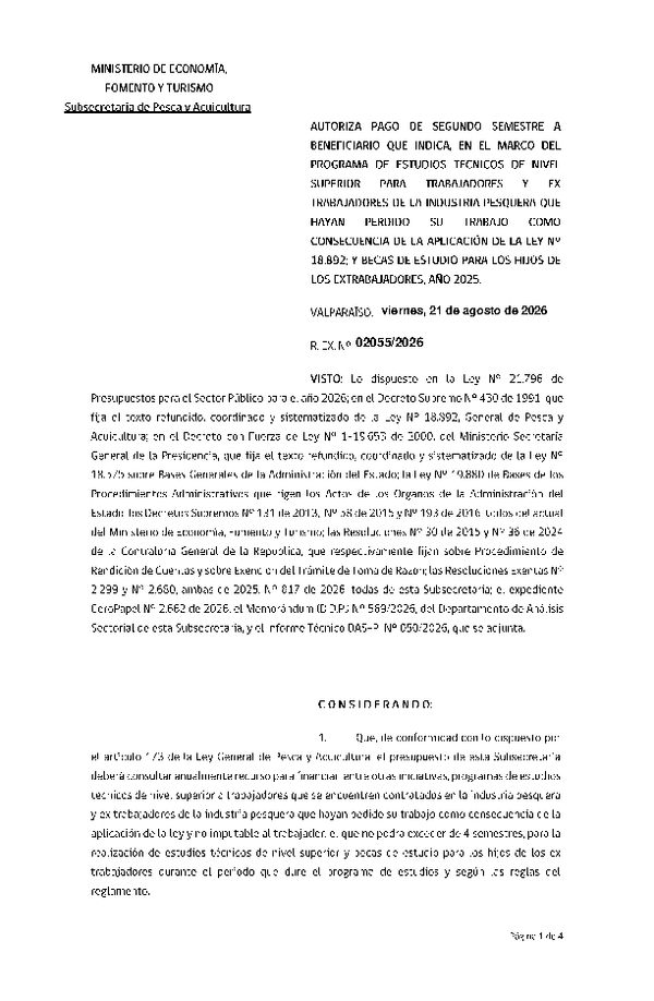 Res. Ex. N° 2055-2026 Autoriza pago segundo semestre a beneficiario que indica, en el marco del programa que señala, Año 2025. (Publicado en Página Web 24-08-2026)
