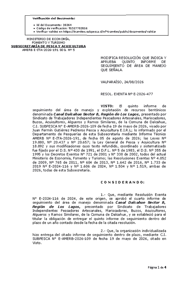 RESOL. EXENTA Nº E-2026-477 Modifica resolución que indica, aprueba quinto informe de seguimiento. (Publicado en Página Web 25-08-2026)