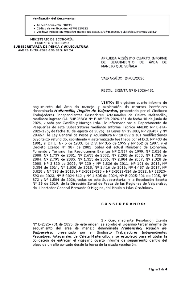 RESOL. EXENTA Nº E-2026-481 Aprueba vigésimo cuarto informe de seguimiento. (Publicado en Página Web 25-08-2026)