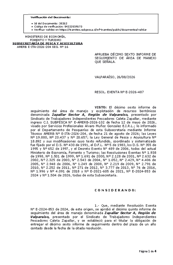 RESOL. EXENTA Nº E-2026-487 Aprueba décimo sexto seguimiento. (Publicado en Página Web 27-08-2026)