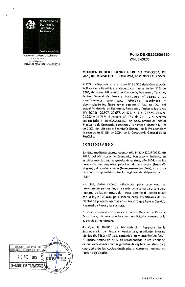 Dec. Ex. Folio 202600150 Modifica Dec. Ex. Folio 202500252 Establece Cuotas Globales de Captura Pesquería de Anchoveta y Sardina Común, área Valparaíso - Los Lagos, Año 2026. (Publicado en Página Web 27-08-2026)