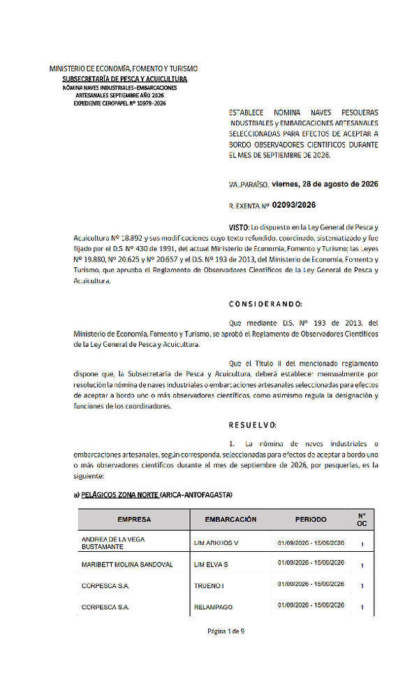 Res. Ex. Nº 2093-2026 Naves mes de septiembre de 2026. (Publicado en Página Web 31-08-2026).