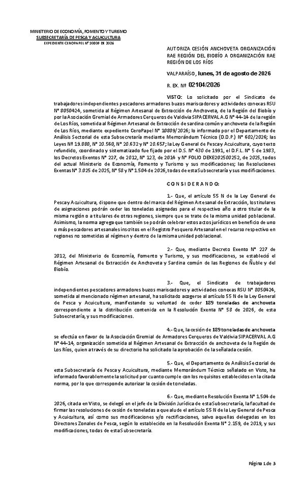 Res. Ex. N° 2104-2026 Autoriza cesión Anchoveta, Región del Biobío a Los Ríos. (Publicado en Página Web 31-08-2026)