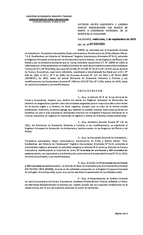 Res. Ex. N° 2120-2026 Autoriza cesión Anchoveta y Sardina común, Región del Biobío a Los Ríos. (Publicado en Página Web 03-09-2026)