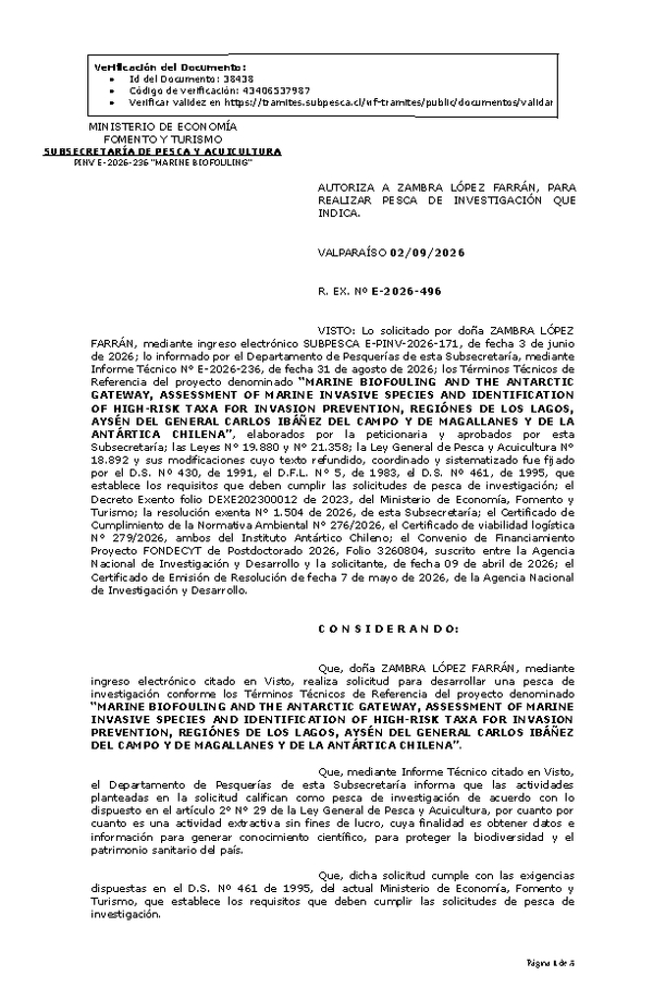 R. EX. Nº E-2026-496 AUTORIZA A ZAMBRA LÓPEZ FARRÁN, PARA REALIZAR PESCA DE INVESTIGACIÓN QUE INDICA. (Publicado en Página Web 03-09-2026)