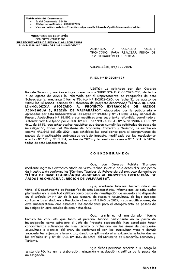 R. EX. Nº E-2026-497 AUTORIZA  A  OSVALDO  POBLETE TRONCOSO, PARA REALIZAR PESCA DE INVESTIGACIÓN QUE INDICA. (Publicado en Página Web 03-09-2026)