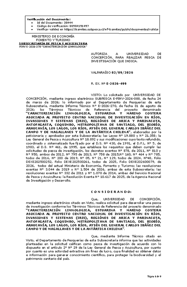 R. EX. Nº E-2026-499 AUTORIZA A UNIVERSIDAD DE CONCEPCIÓN, PARA REALIZAR PESCA DE INVESTIGACIÓN QUE INDICA. (Publicado en Página Web 03-09-2026