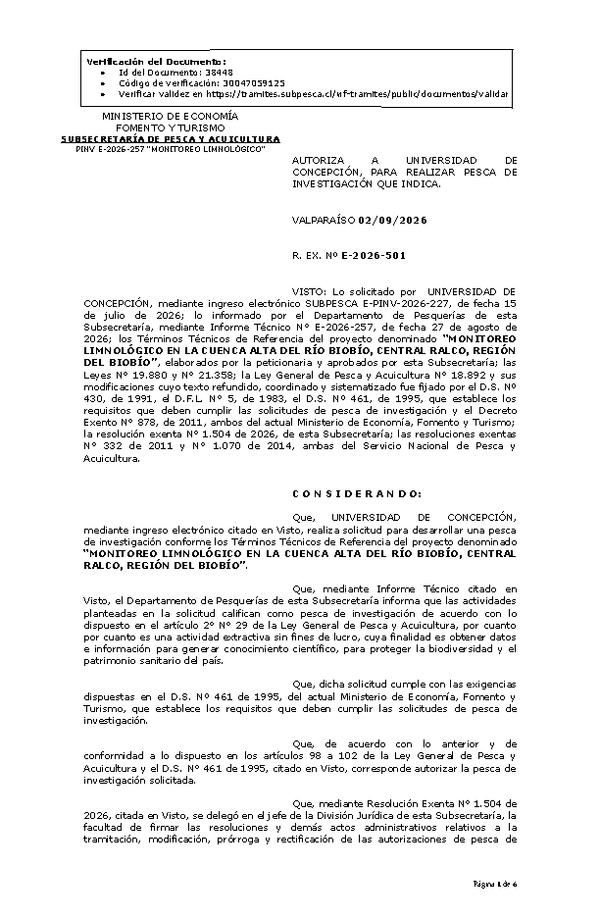 R. EX. Nº E-2026-501 AUTORIZA  A  UNIVERSIDAD  DE CONCEPCIÓN, PARA REALIZAR PESCA DE INVESTIGACIÓN QUE INDICA. (Publicado en Página Web 03-09-2026