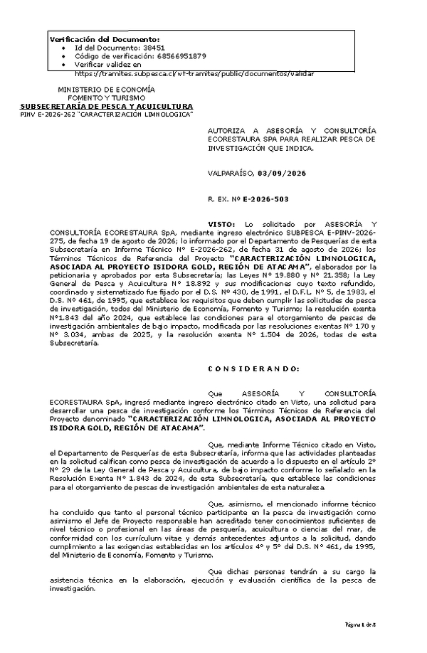 R. EX. Nº E-2026-503 AUTORIZA A ASESORÍA Y CONSULTORÍA ECORESTAURA SPA PARA REALIZAR PESCA DE INVESTIGACIÓN QUE INDICA. (Publicado en Página Web 03-09-2026