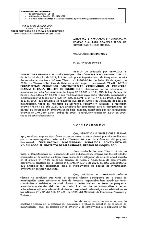 R. EX. Nº E-2026-510 AUTORIZA A SERVICIOS E INVERSIONES PRAMAR SpA, PARA REALIZAR PESCA DE INVESTIGACIÓN QUE INDICA. (Publicado en Página Web 04-09-2026)