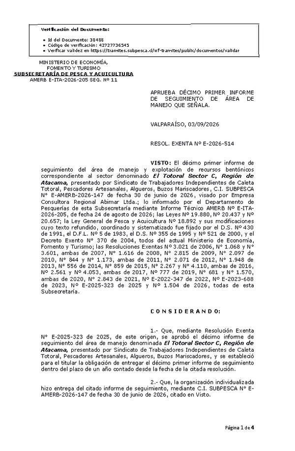 RESOL. EXENTA Nº E-2026-514 Aprueba décimo primer informe de seguimiento. (Publicado en Página Web 04-09-2026)