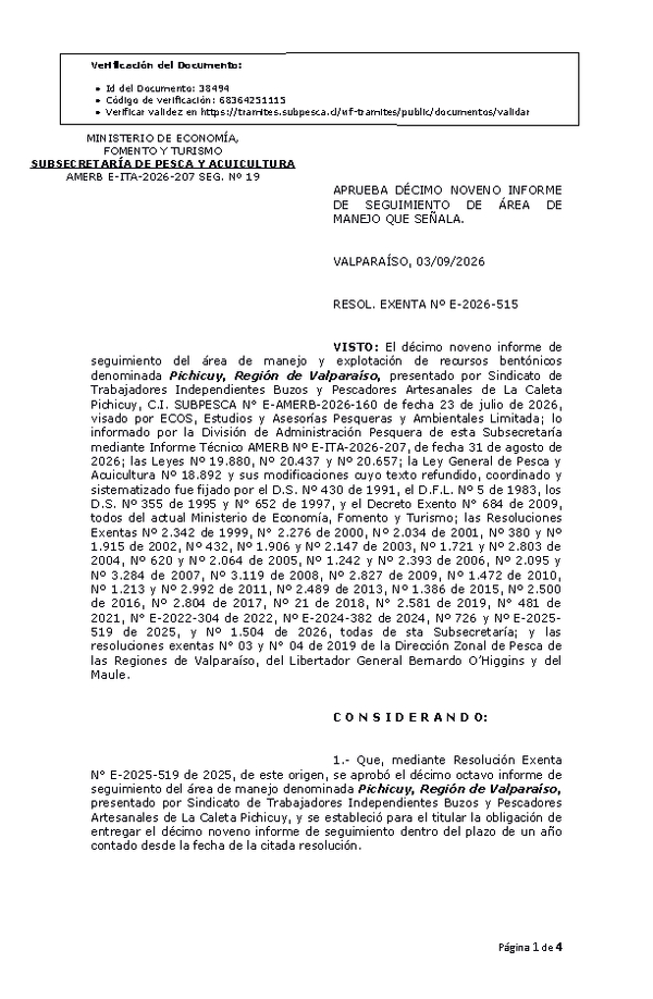 RESOL. EXENTA Nº E-2026-515 Aprueba décimo noveno informe de seguimiento. (Publicado en Página Web 04-09-2026)