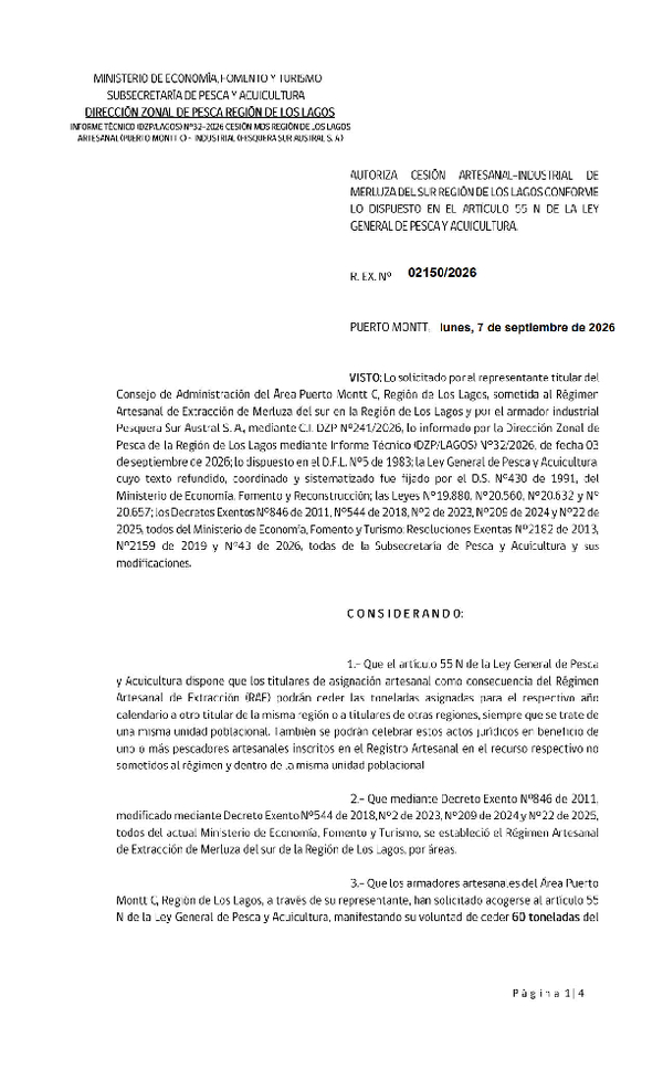 Res. Ex. 2150-2026 Autoriza Cesión de Merluza del Sur, Región de Los Lagos. (Publicado en Página Web 07-09-2026)