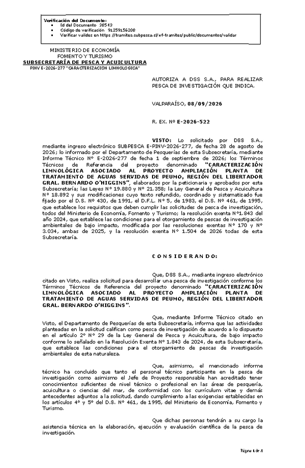 R. EX. Nº E-2026-522 AUTORIZA A DSS S.A., PARA REALIZAR PESCA DE INVESTIGACIÓN QUE INDICA. (Publicado en Página Web 08-09-2026).