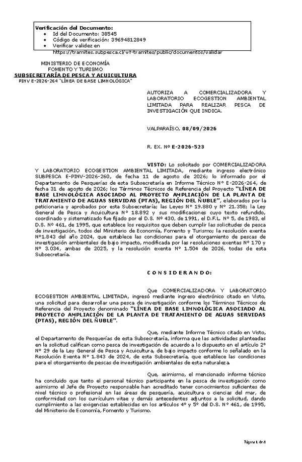 R. EX. Nº E-2026-523 AUTORIZA LABORATORIO A COMERCIALIZADORA ECOGESTION AMBIENTAL Y LIMITADA PARA REALIZAR PESCA DE INVESTIGACIÓN QUE INDICA. (Publicado en Página Web 08-09-2026).