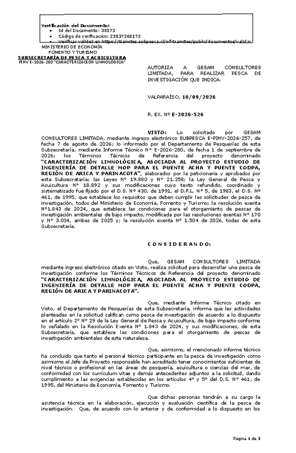 R. EX. Nº E-2026-526 AUTORIZA A GESAM CONSULTORES LIMITADA, PARA REALIZAR PESCA DE INVESTIGACIÓN QUE INDICA. (Publicado en Página Web 10-09-2026).