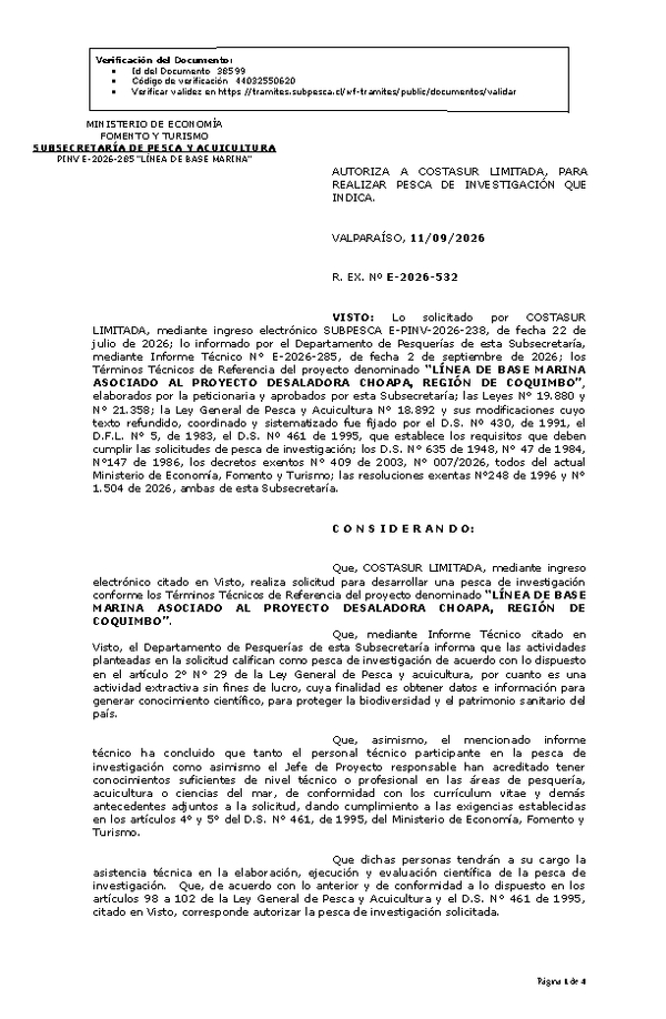 R. EX. Nº E-2026-532 AUTORIZA A COSTASUR LIMITADA, PARA REALIZAR PESCA DE INVESTIGACIÓN QUE INDICA. (Publicado en Página Web 14-09-2026).