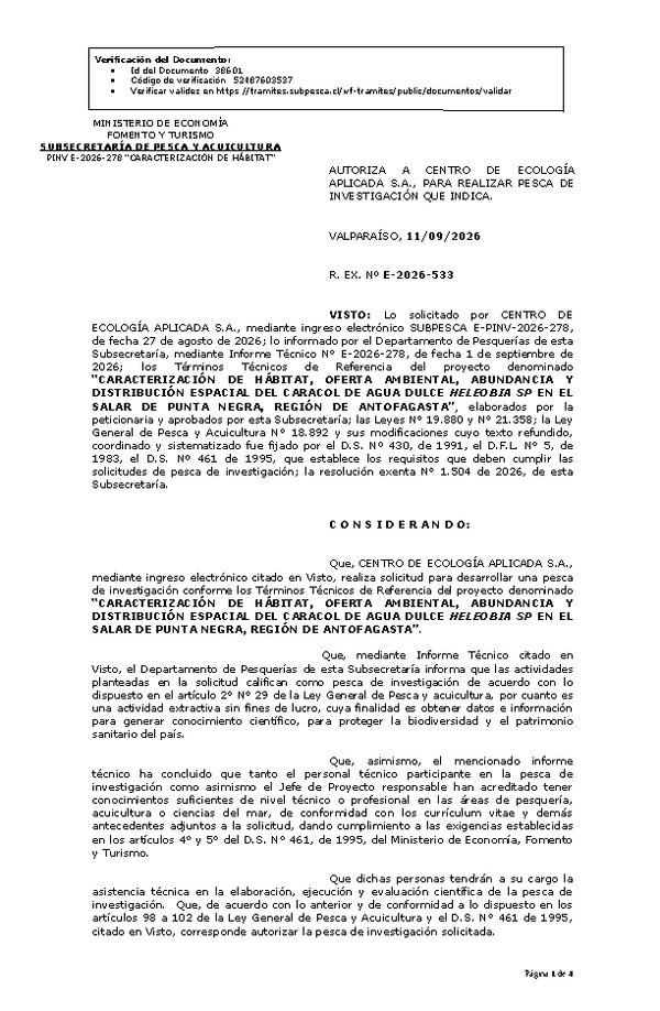R. EX. Nº E-2026-533 AUTORIZA A CENTRO DE ECOLOGÍA APLICADA S.A., PARA REALIZAR PESCA DE INVESTIGACIÓN QUE INDICA. (Publicado en Página Web 14-09-2026).