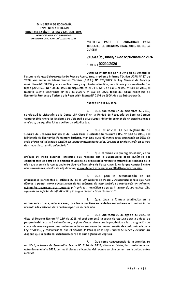 Res. Ex. N° 2220-2026 Modifica Pago de Anualidad para Titulares de LTP Clase B. (Publicado en Página Web 14-09-2026)